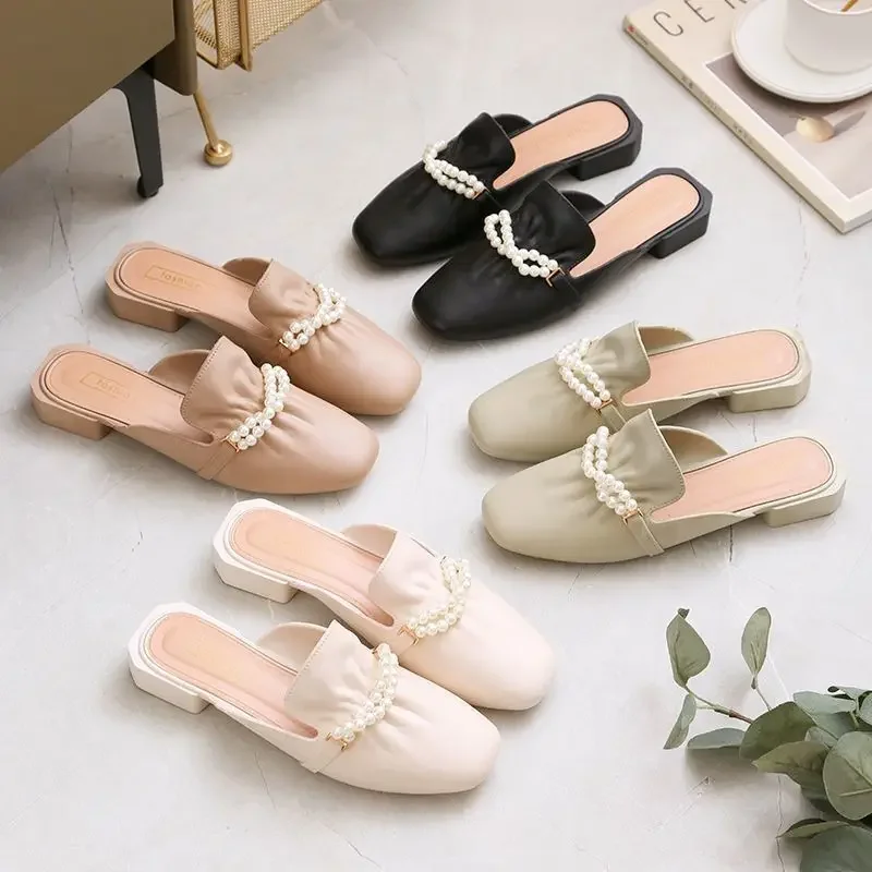 Fashionable Pearl Head Half Slippers Women's 2024 Spring Autumn New Outerwear Lazy Shoes Trendy INS Weatherproof PVC Material