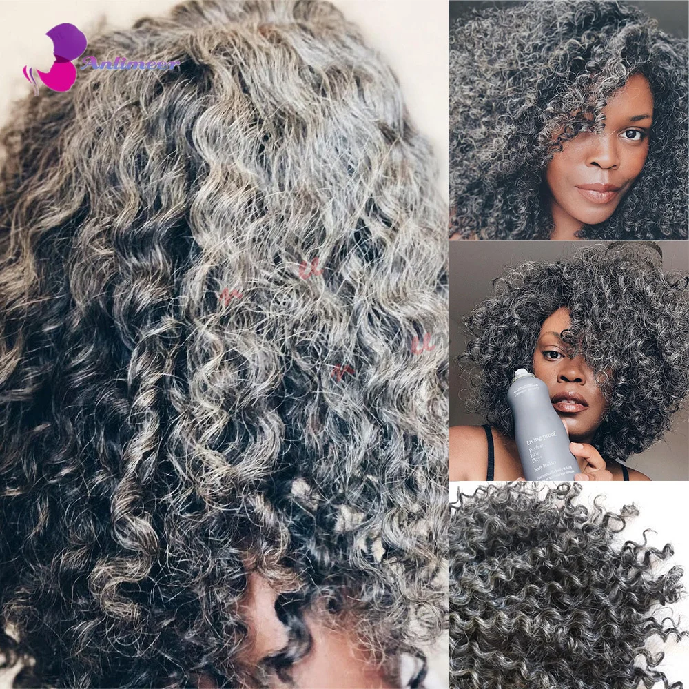 Natural Salt and pepper Colored Afro Kinky Curly Wig Natural Grey Hair With Grey and Black Mixed In