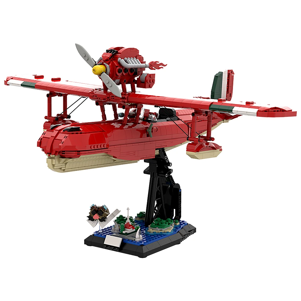 MOC Red Pig Savoia S.21 Folgore And Stand Model Building Blocks Anime Movie Ccene Red Airplane Helicopters Bricks Toy Gift