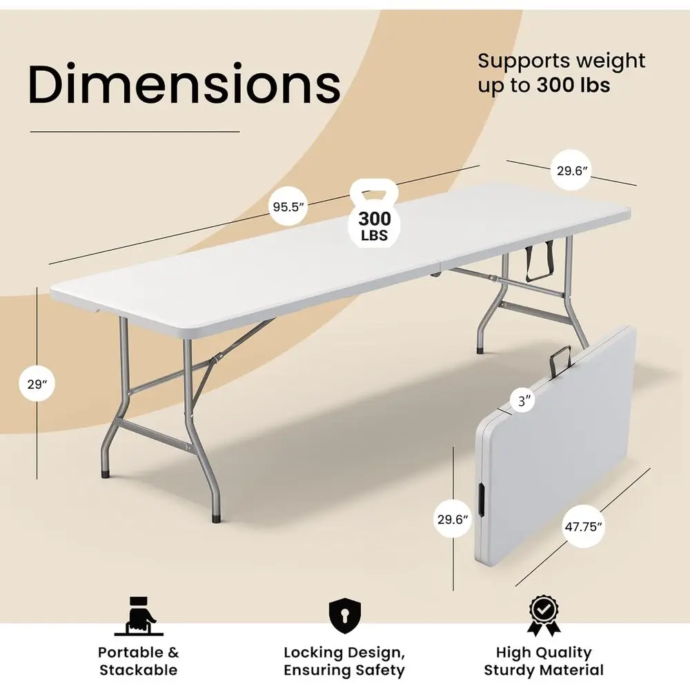8 eet oldable Table with Built in Handle & Steel Legs | Heavy Duty Portable | Perect or Party, Dining, Wedding, Events, Picnic I