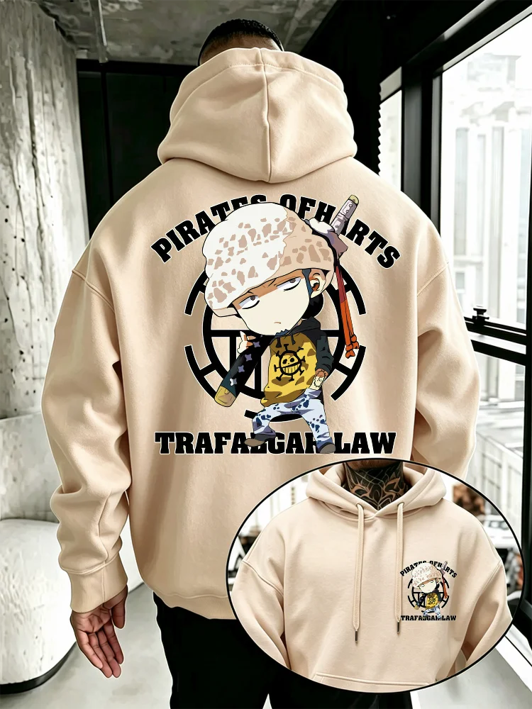 Bandai Chibi Style Trafalgar Law One Piece Men's Hoodie High Quality Warm Loose Fit Hip Hop Style Pullover for Autumn Winter