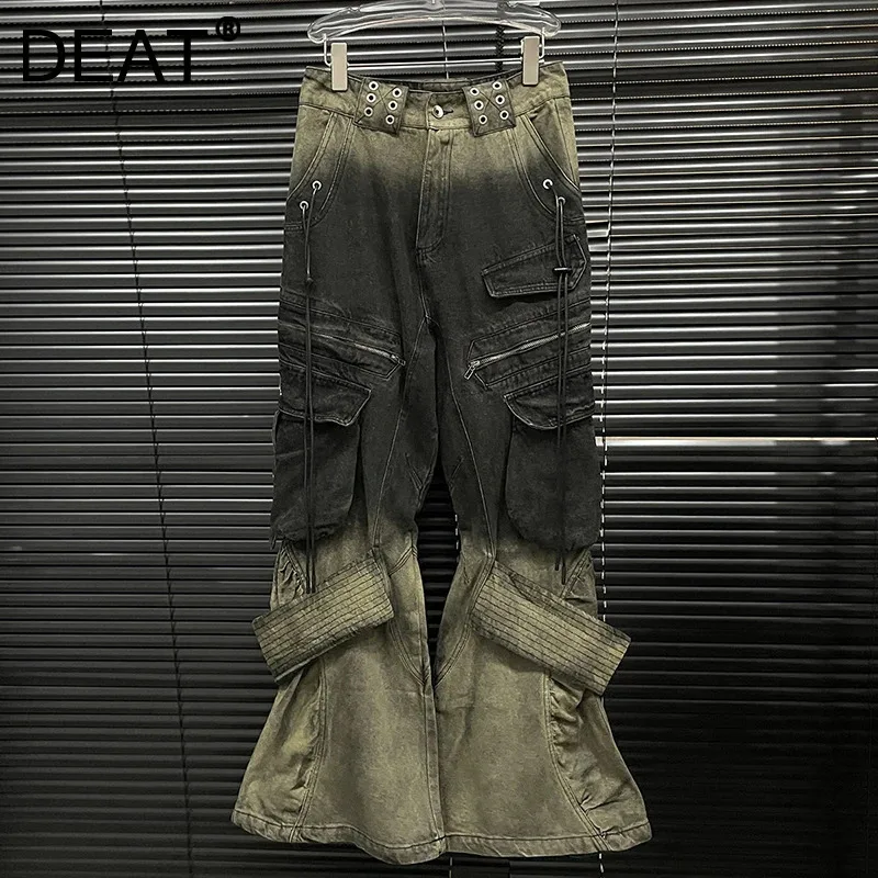 DEAT Fashion Retro Gradient Women's Cargo Jeans High Waist Straight Wide Leg Denim Pants Female 2024 New Items Autumn 29L8624