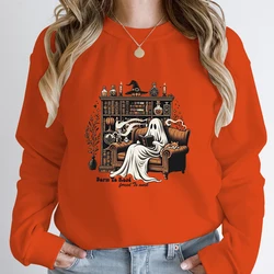 Halloween Ghost Born To Read Forced To Work Print Pullover Women Casual O Neck Hoodless Sweatshirt Autumn Winter Tops