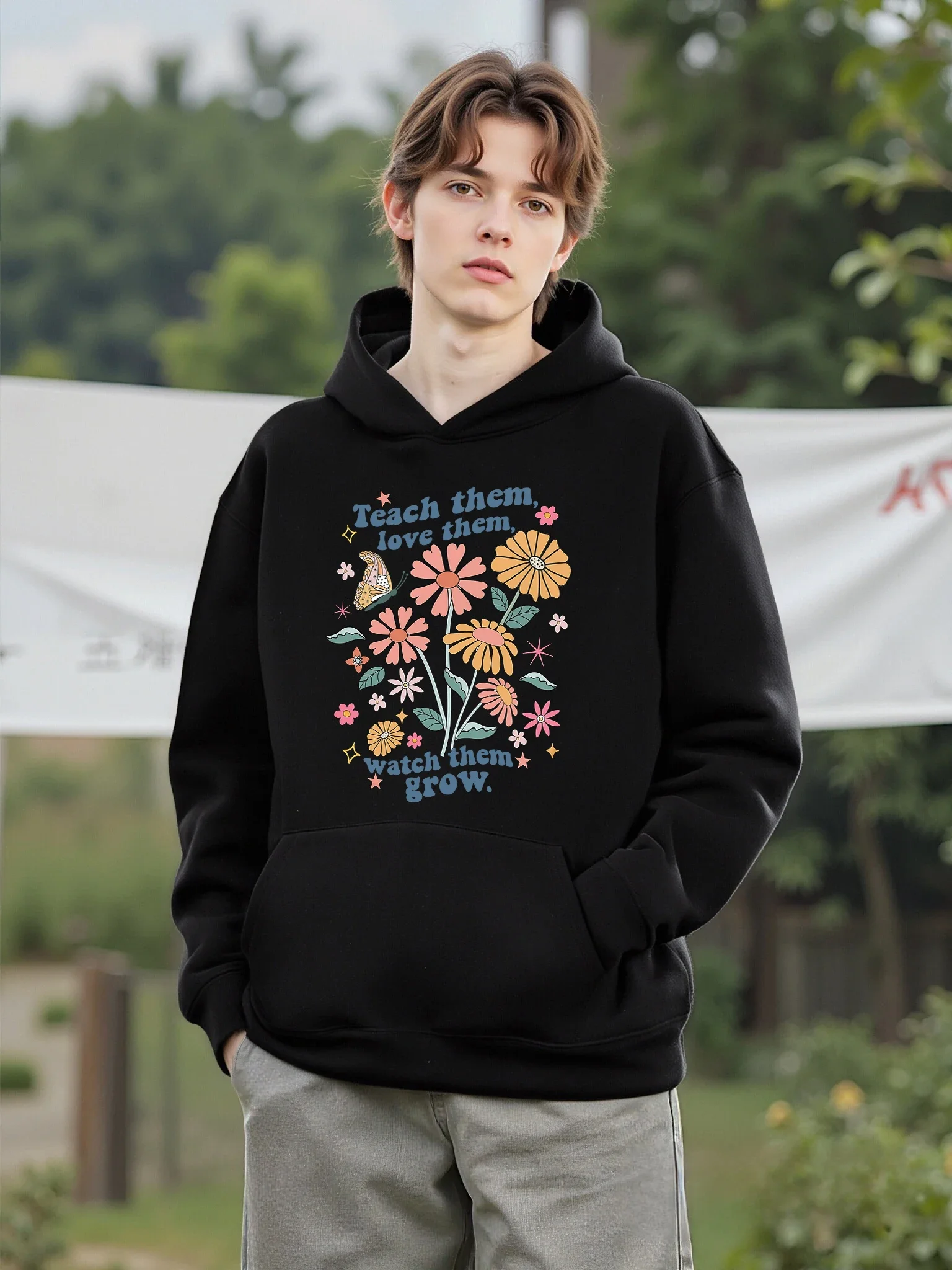 Mostrar o amor pela crescimento e evolução, estampa floral, moletons masculinos com capuz, polares, com bolso, para combinação com tudo.