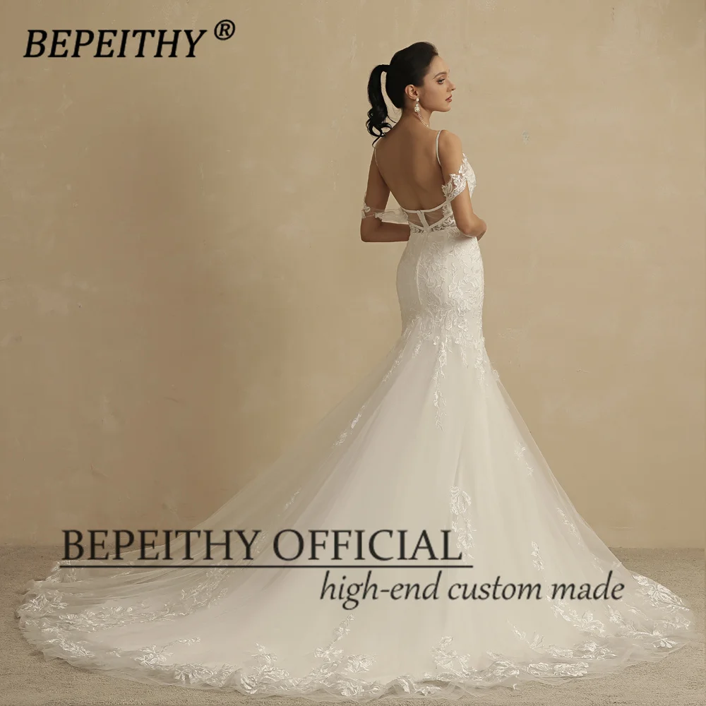 BEPEITHY Customized Romantic Straps Boho Mermaid Lace Wedding Dresses 2022 Court Train Sexy Open Back Bride Ivory Bridal Gowns