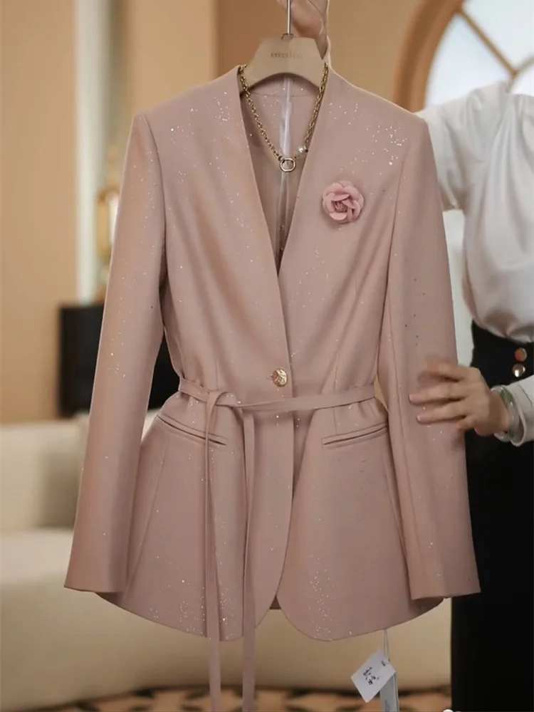 Spring 2025 new fashionable suit set feminine temperament  professional commute sequined suit wide leg pants