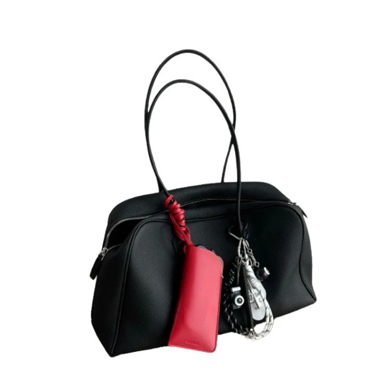 Black Soft Leather Boston Tote Bag 2026 New Arrival, Premium Niche Large Capacity Shoulder Handbag for Women