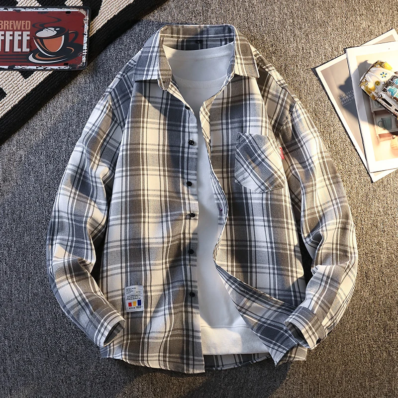

Мужская клетчатая рубашка на весну 2026 года, однобортная, классическая, в стиле смарт-кэжуал, фланелевая, с длинным рукавом, с одним карманом, осенняя мужская одежда