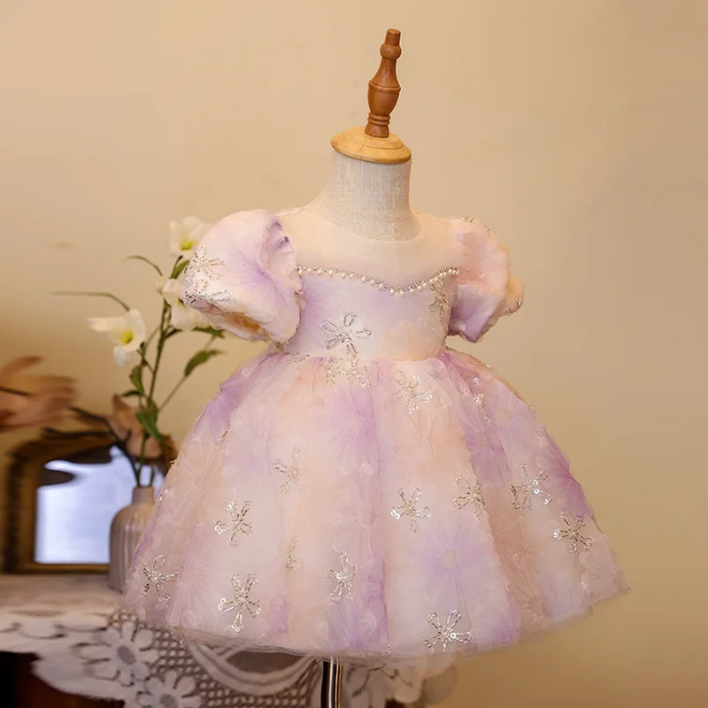 Vestido de baile de princesa rosa para niñas, vestido de rendimiento de boda, fiesta de cumpleaños, nuevo diseño de cuentas, g113