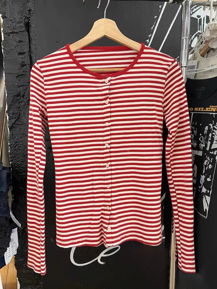 

Red Striped Long Sleeve T-shirt Women Crew Neck Single Breasted Cardigan Tee Shirts Autumn Vintage Casual Sweet Slim Tops Tees