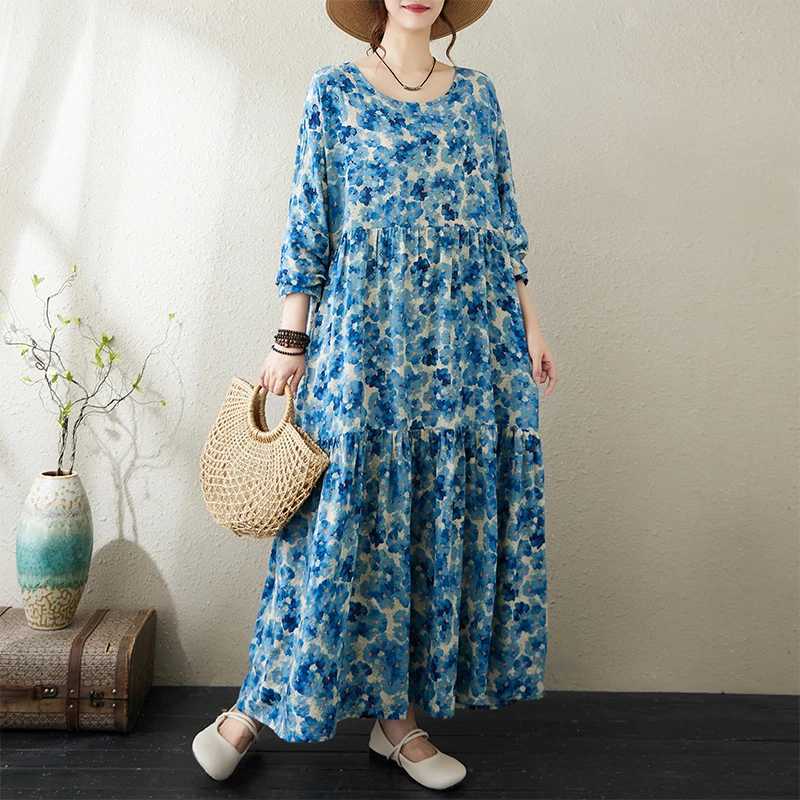 Slimming Blue Floral Cotton Linen Long Sve round Ne Loose Cake Skirt a Line Dr for plus Size Women Autumn Thin Dr