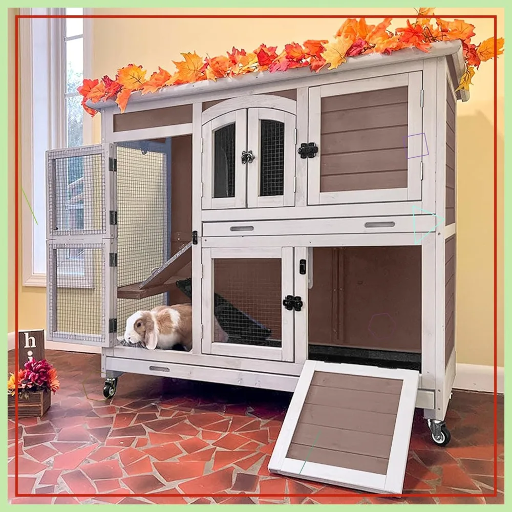 

Деревянный вольер для кроликов и морских свинок 47,2 дюйма с колесами, лестницей и пластиковыми поддонами