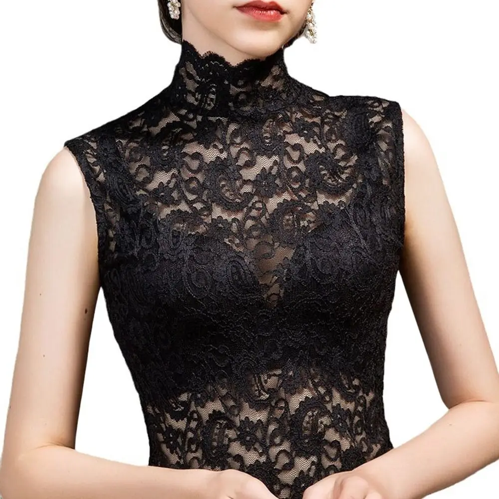 ファッションハーフハイカラー花柄タンクトップ中空ブラックホワイトレースシャツノースリーブベスト女性女の子