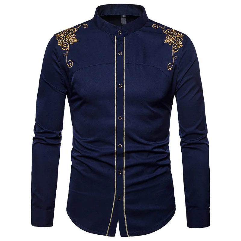 Palace Style Embroidery Shirt Men Long-Sleeved Solid Color Fashion Slim Embroidered s Male