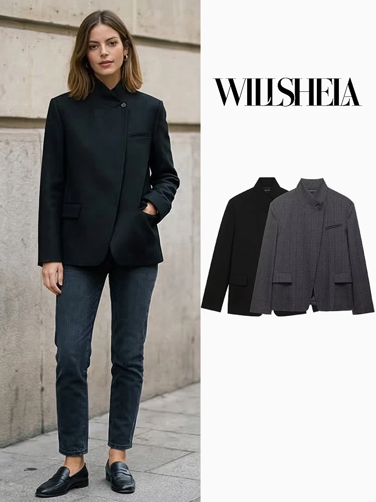 

Willshela Women Fashion Solid Single Button Blazer Vintage Long Sleeves Half High Neck Female Office Lady Outfits