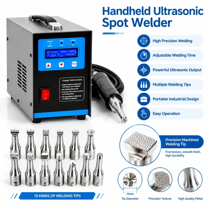 1000W Ultrasonic Spot Welding Machine Portable Handheld 35KHz for Plastic & Fabric Welding 220V 0-15mm Welding Range