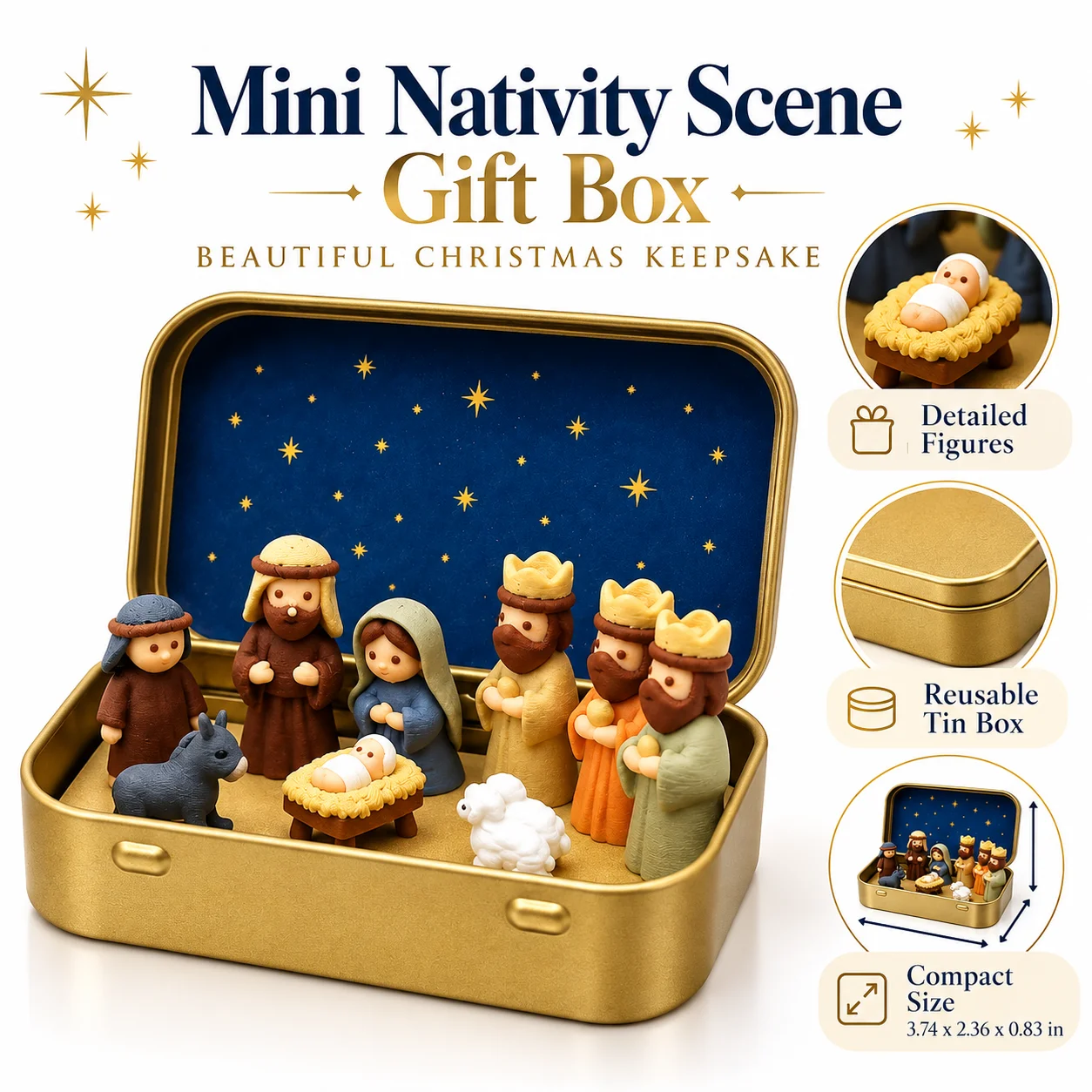 Mini Christmas Nativity Scene Set Iron Box Pocket Manger Mary Jesus Shepherd Animal Figures Holy Family Religious Desk Decor