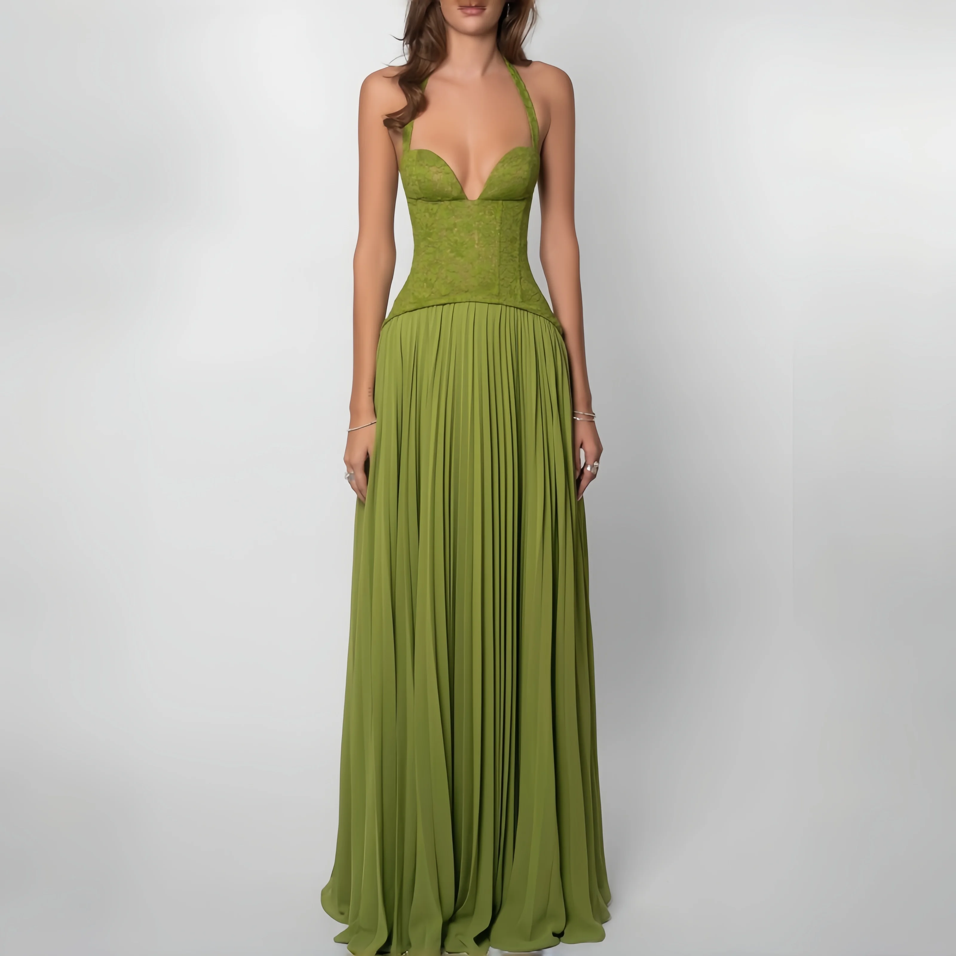 

Green Fishbone Corset Halter Maxi Dress Women Sleeveless Backless Pleated Patchwork Slim Dresses Lady Solid Party Evening Gown