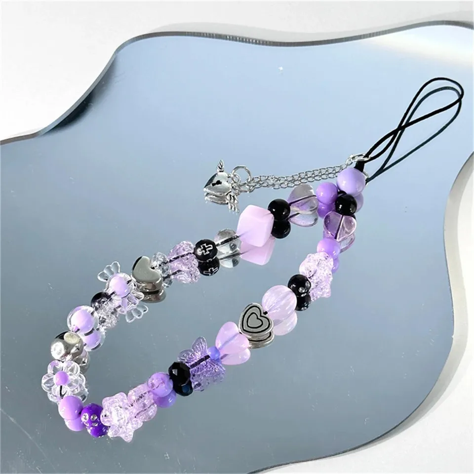 

Фиолетовая подвеска в виде сердца, подвеска для телефона, акриловые бусины, мобильные цепи, простой черный ремешок на запястье, веревка для iPhone 14, брелок