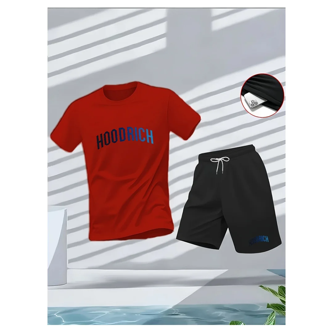 

3D Men's summer fitness sportswear set Round-neck short-sleeved T-shirt five-inch shorts slimming Quick drying Men's T-shirt set