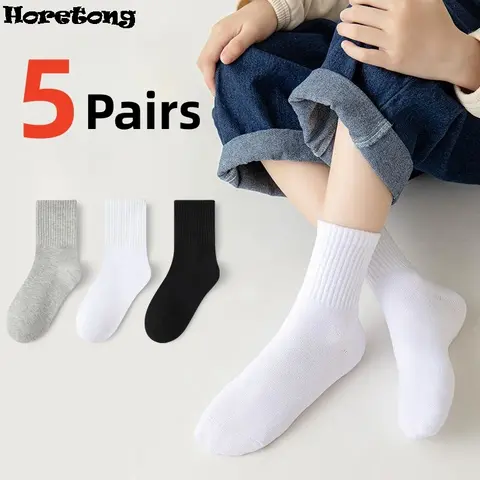 Horetong 5 쌍 순수 코튼 부드러운 학생 양말 통기성 흡수 땀 스포츠 양말 소년 소녀 중간 튜브 양말 3-13 년