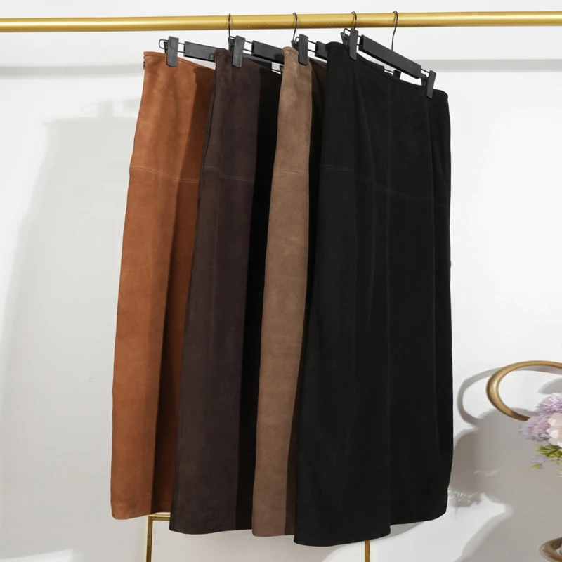 Gonne in pelle scamosciata di pelle di pecora importata per donna Autunno Inverno Gonne lunghe in vera pelle vintage a vita alta con pacchetto a trapezio