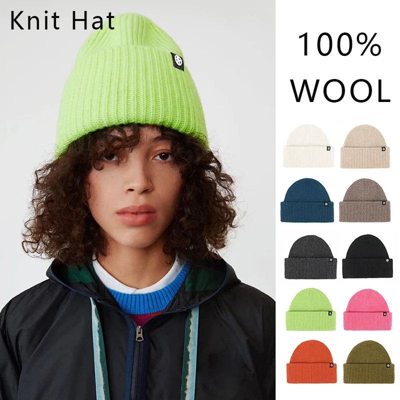 100% Wool Knit Beanie for Men Women Candy Color Cuffed Winter Hat Warm Ear Protection Windproof Skull Cap