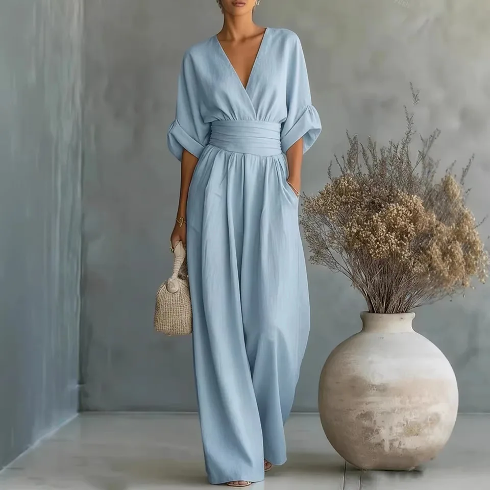 

Women Summer Elegant Waist-Cinching V-Neck Short Sleeve Jumpsuits