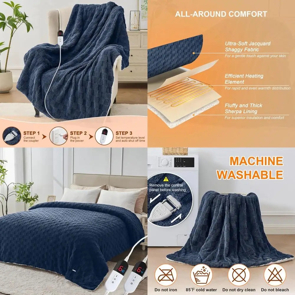 

Queen Size Electric Blanket with Dual Controls, 6 Heat Settings, 10-Hour Auto Off, Overheat Protection, Navy Blue Sherpa Jacquar