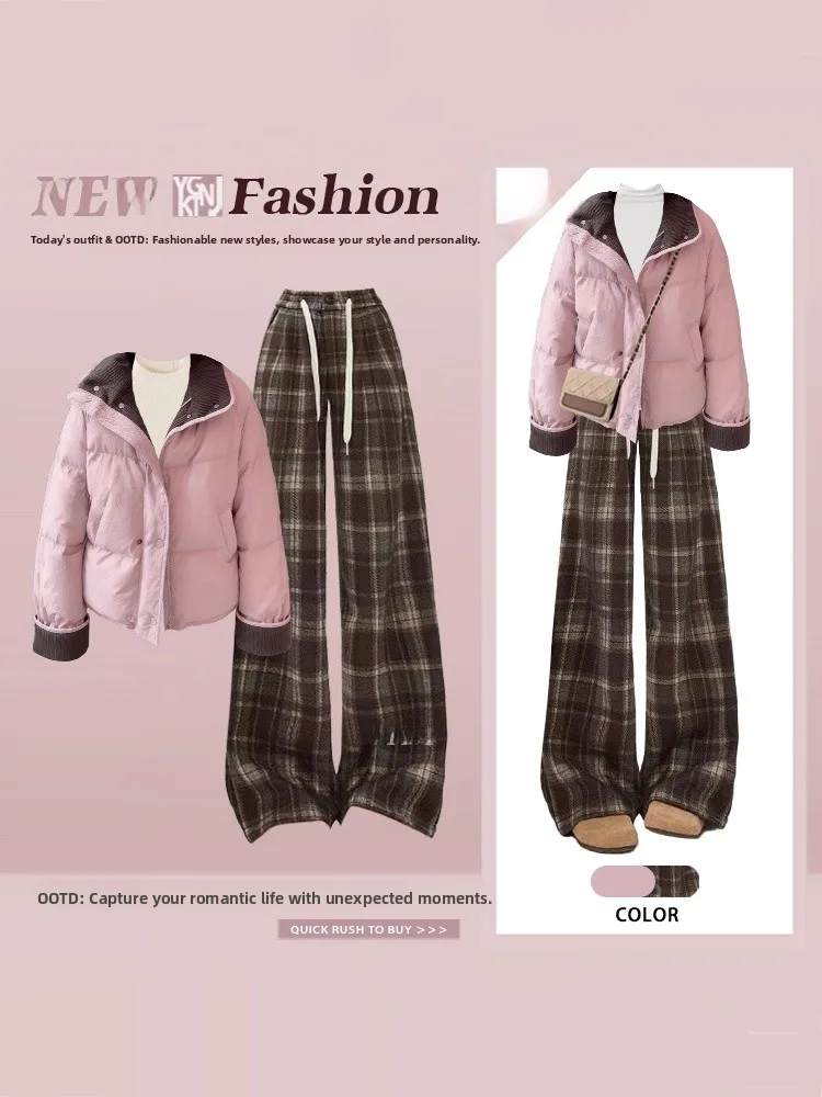 

Теплый хлопковый комплект из широких брюк в клетку, женский зимний повседневный комплект с воротником-стойкой, цветная блузка, нежный ветер Faion
