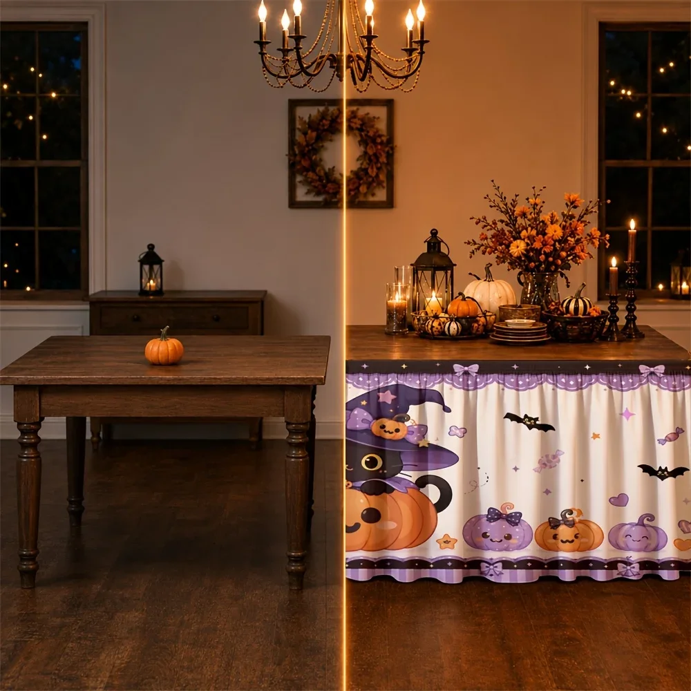 Send a tablecloth and table skirt 1 piece. Halloween cat, pumpkin, purple bat, heart-shaped, festive, imaginative.xzj