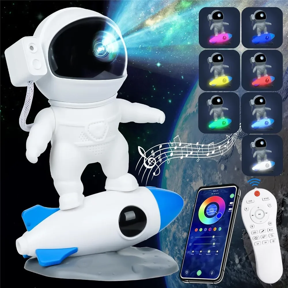 Rocket Astronaut Galaxy Star Projector Night Light Planetarium Projector 360° Rotation Bedroom Atmosphere Decor Lamp Kids Gift