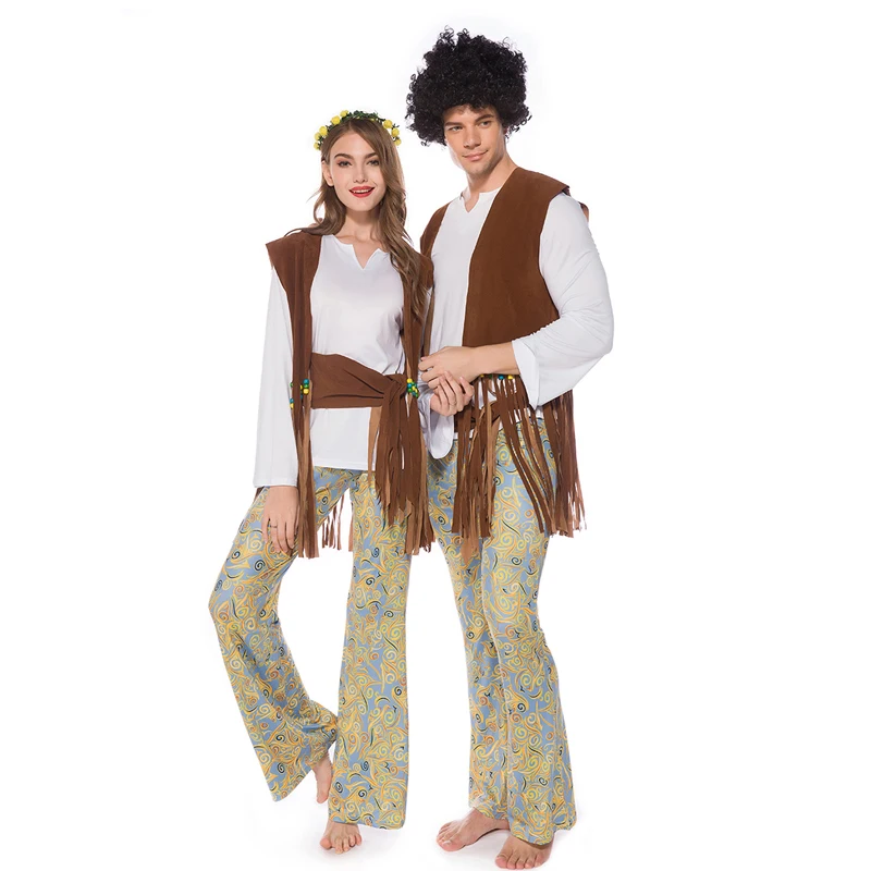 Halloween Paare Cosplay Kleidung Herren Disco Hippie Schlaghose Große Größe Retro 70er Jahre Outfit Damen Ethnisches Bühnenkostüm