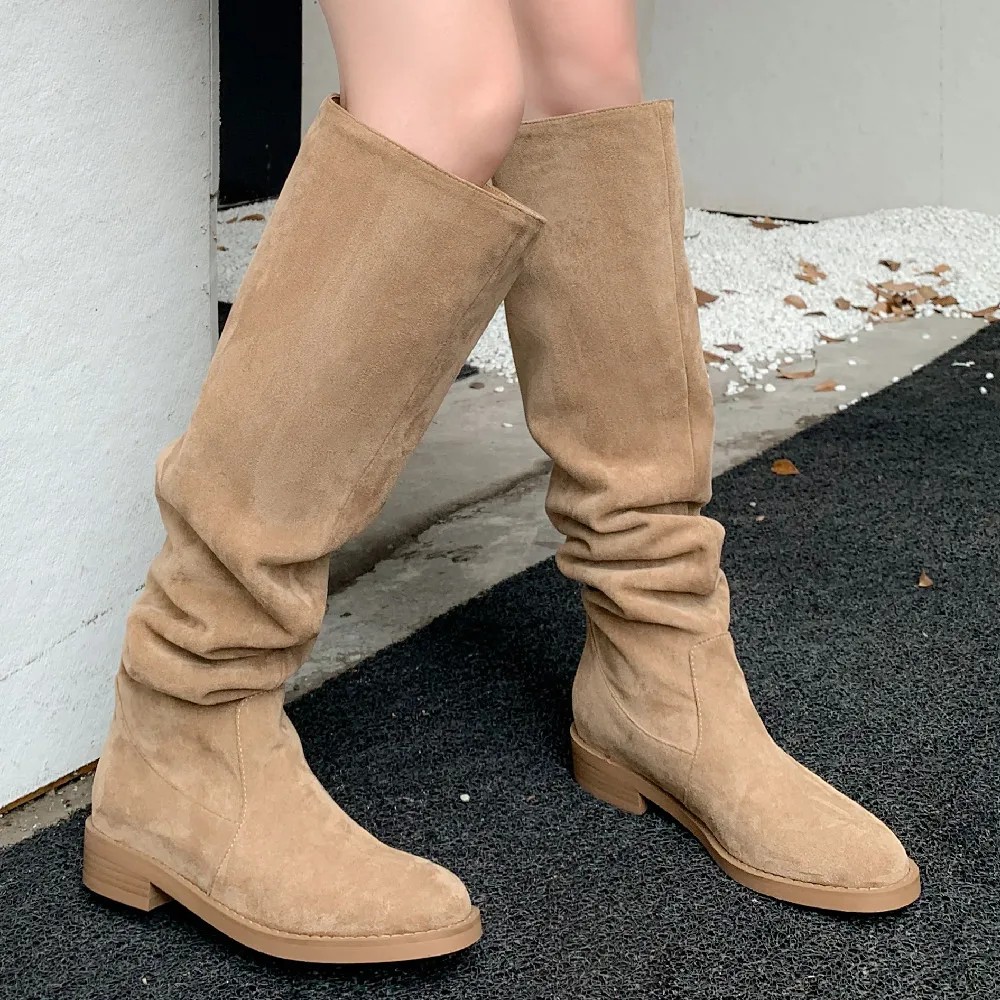 

Women's flock slip-on flats knee high boots soft comfortable casual female slim long boots high quality 2022 autumn winter new