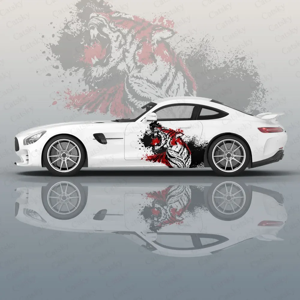 Funny Black Graffiti Tiger Car Graphic Decal Protect Full Body Vinyl Wrap Modern Design Image Wrap Sticker Decorative Car Decal