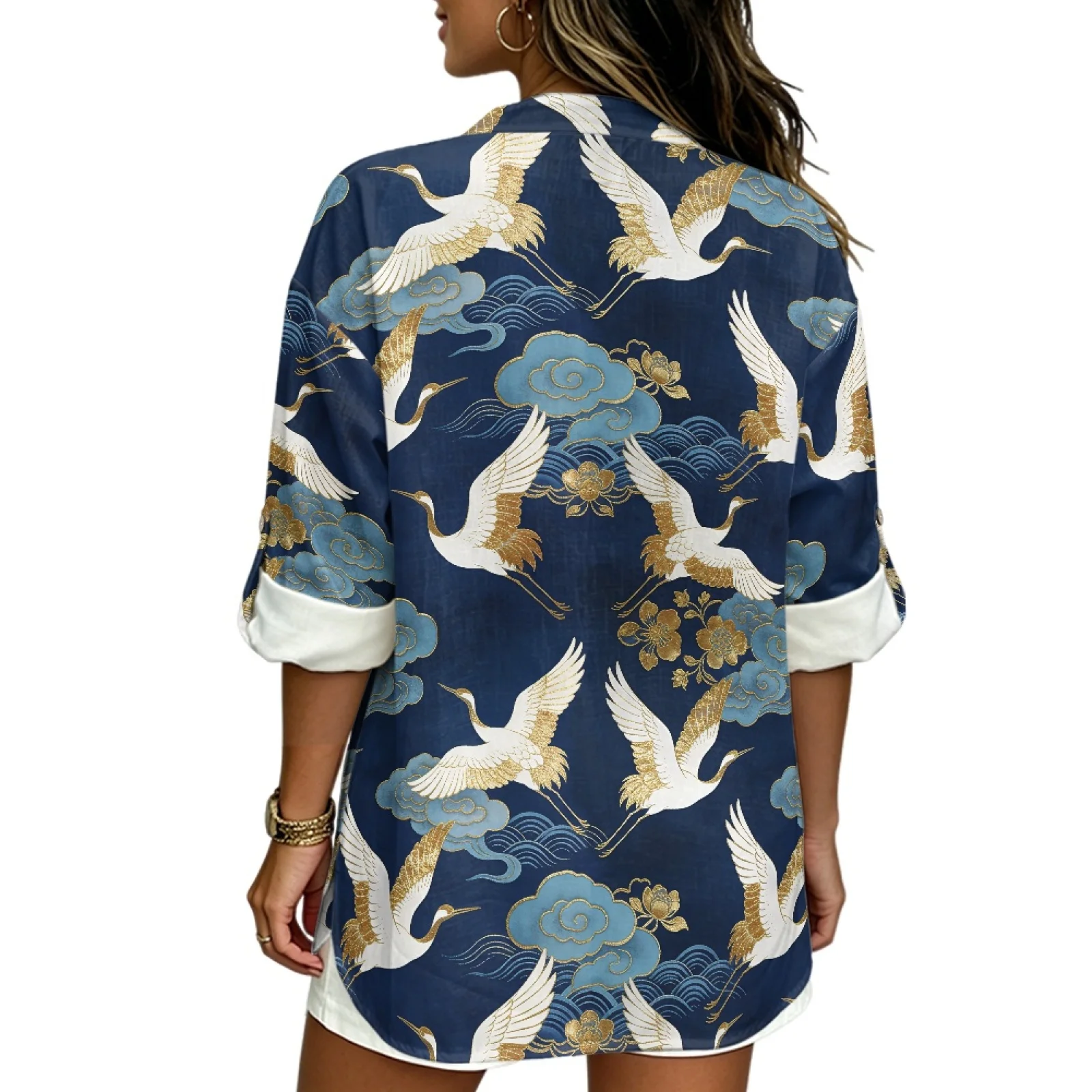 PENSTROLL Crane Bird Pattern Linen Style Notch V Neck Blouses Trendy Long Sleeve Tops for Business Sizes S-5XL