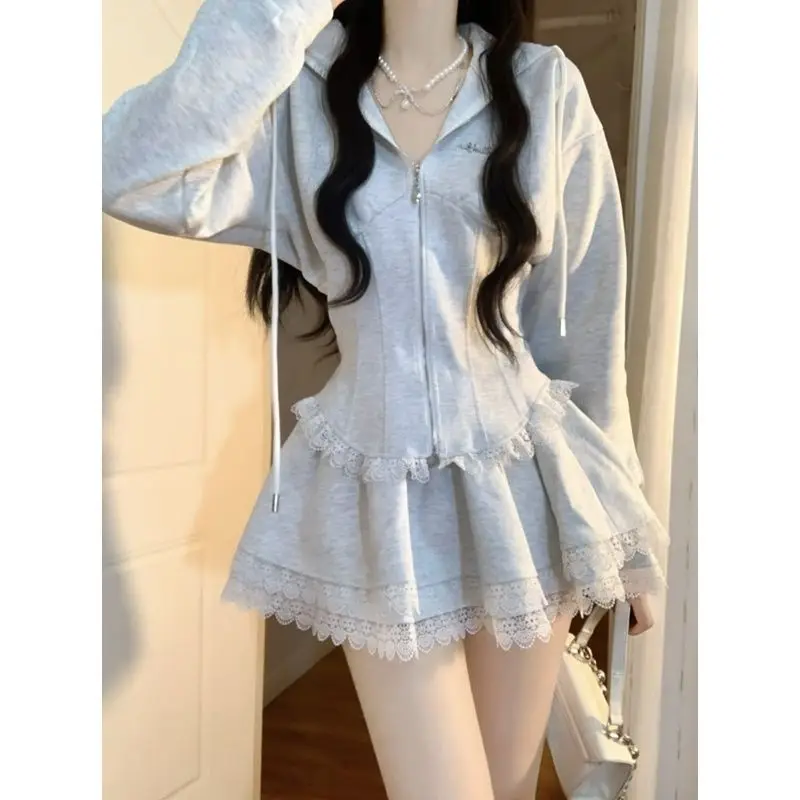 

Korean Fashion Clothing Grey Lace 2 Piece Set Woman Casual Hooded Slim Coat + Slim Party Y2k Mini Skirt Elegant Autumn Chic