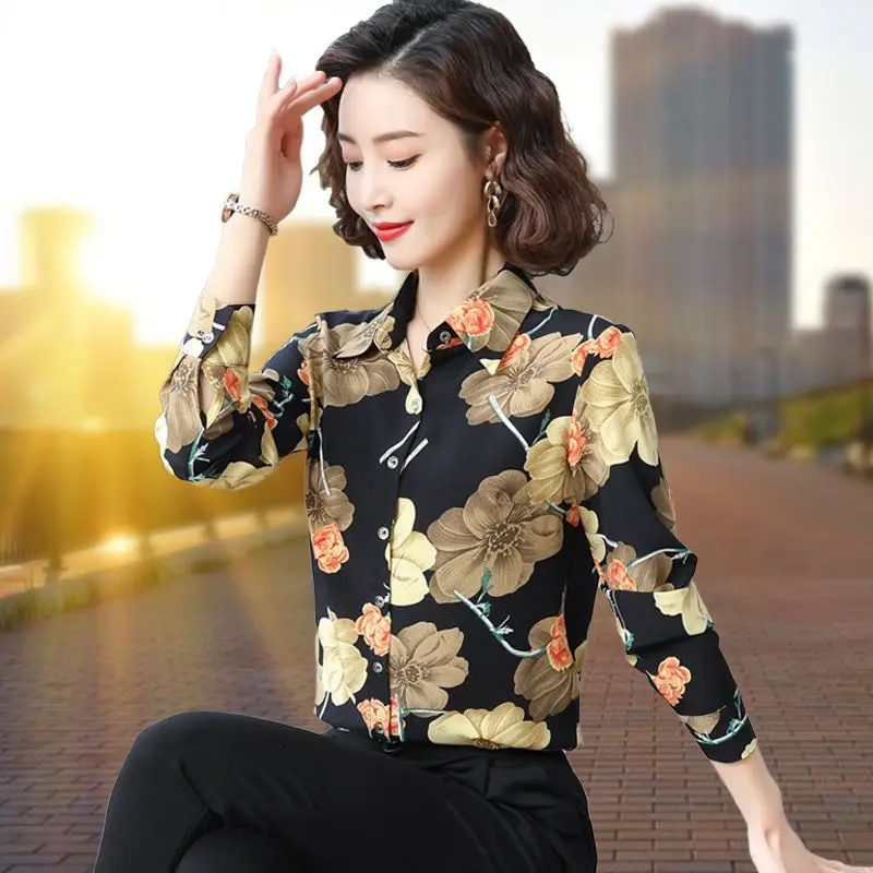 Vintage Printed Button Loose Floral Shirts Women\'s Clothing 2023 Autumn Winter Oversized All-match Tops Office Lady Blouses