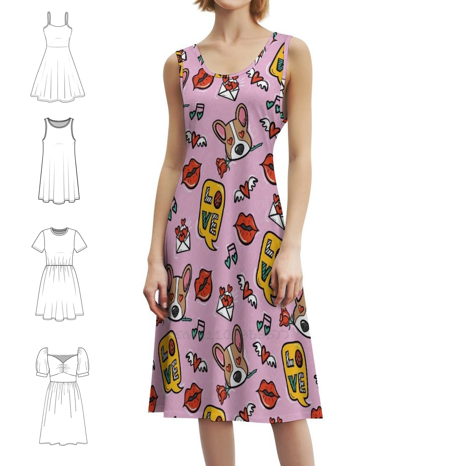 

Pink Love Women's Hip Hop Streetwear Dress Graphic Print Party Club Wear Love Valentine Cute Pink Dog In Love Women's Clothing