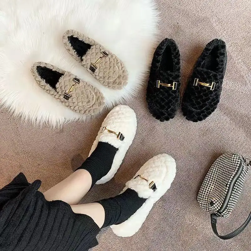 

Winter New Anti Slip Plush Home Cotton Shoes Women's Luxury Sheepskin Lined Loafers Flat Shoes Cotton Wool Women Barefoot Boots