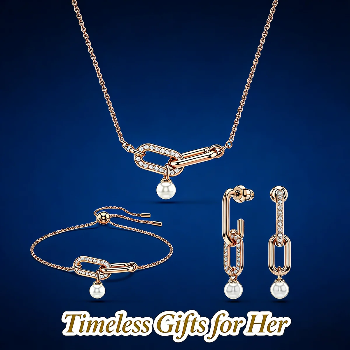 

Luxury Fashion Women's Jewelry Set: Sterling Silver Necklace, Bracelet, Earrings Plated with 18K Rose Gold, Party Gift