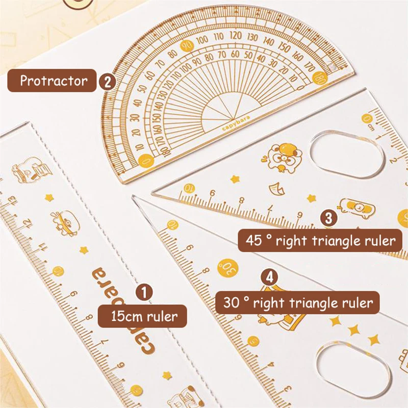 7Pcs Cartoon Cute Student Rulers Protractor Compass Clear Scale Precise Accurate Math Geometry Set Stationery School Supplies