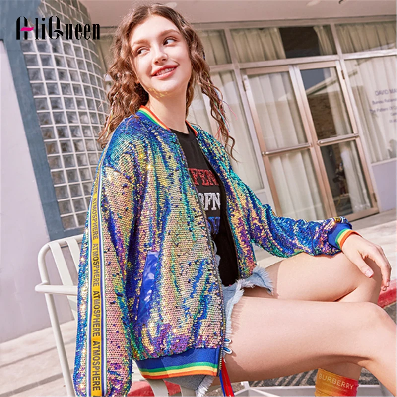 

Korean Streetwear Patchwork Colorful Sequins Jacket Women Loose Long Sleeve Hip Hop Short Sequined Coat Rock Jackets Outerwear