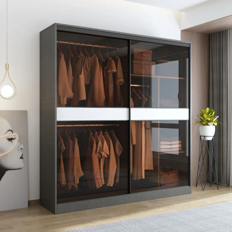 

Sliding door wardrobe small apartment wooden simple modern glass sliding door assembly home bedroom wardrobe light luxury