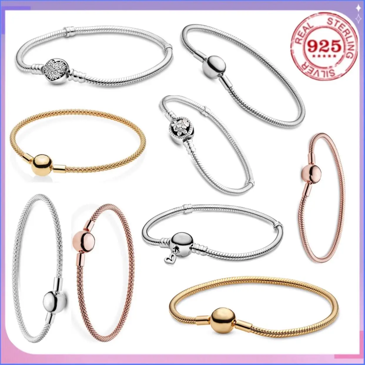 Bracelet Original en argent Sterling 925%, fleurs en forme de cœur, chaîne serpent ronde, perles, breloques, bijoux cadeau pour femmes