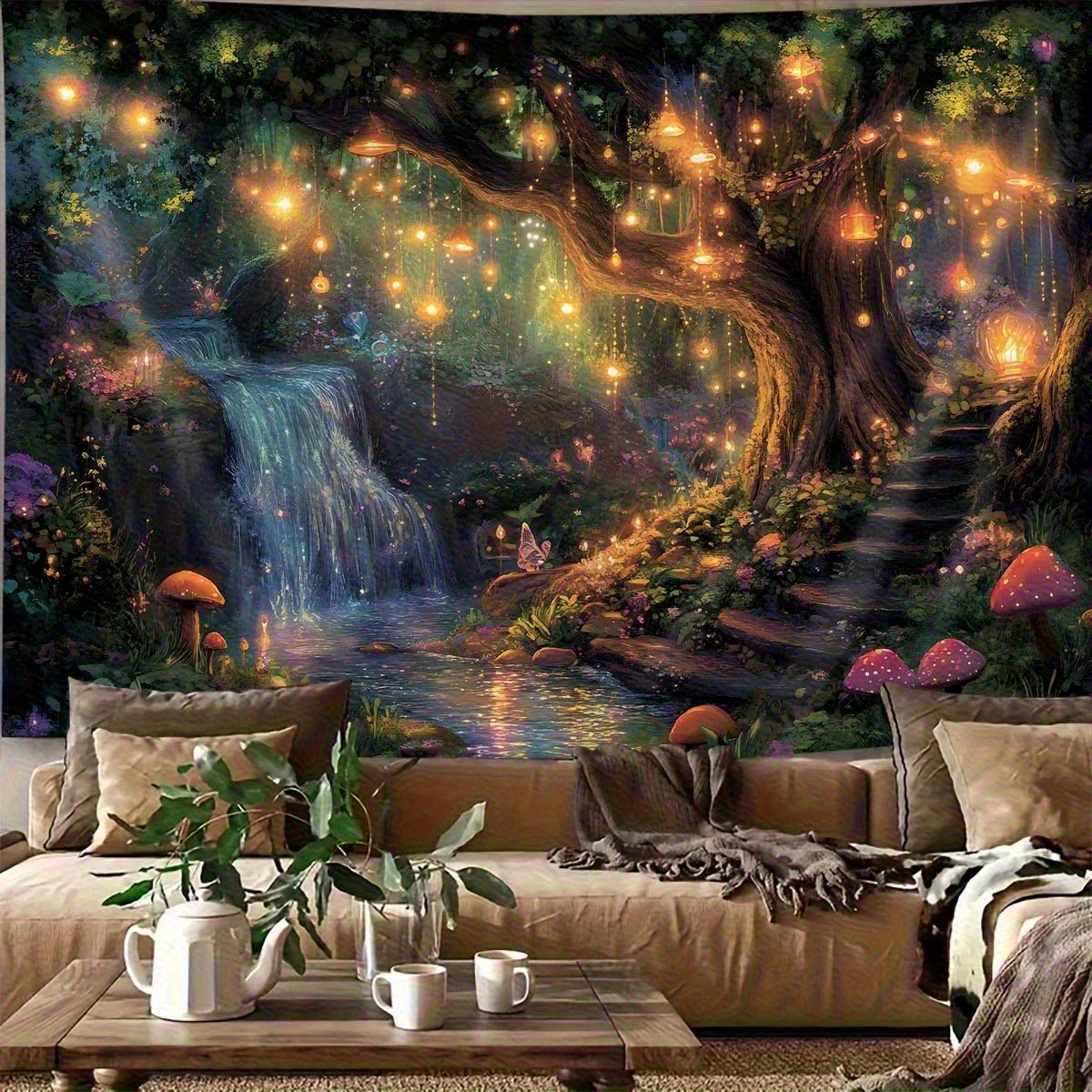 Enchanted Forest with Glowing Lanterns Waterfall and Mushrooms Wall Tapestry 2D Flat Print Fantasy Art Nature Decor Boho Style