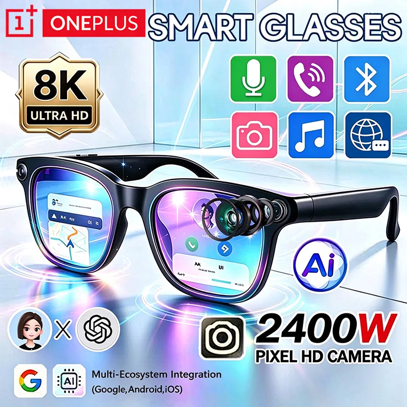 OnePlus 8K Smart AI Glasses 24MP HD Camera Hands-Free Bluetooth AI Translation Music Playback Photo Taking Calling for Men Women