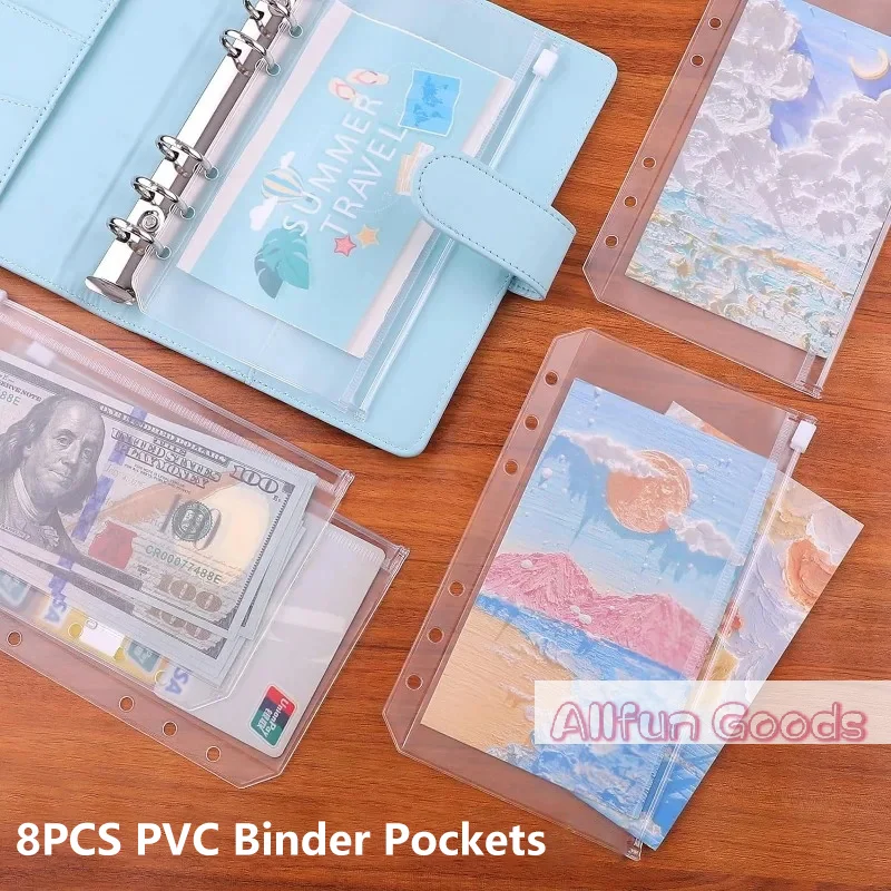 8PCS PVC Binder Pocket Cash Envelopes A5 A6  Zipper Folders Pouches Money Organizer Budget Document Filing Loose Leaf Inserts