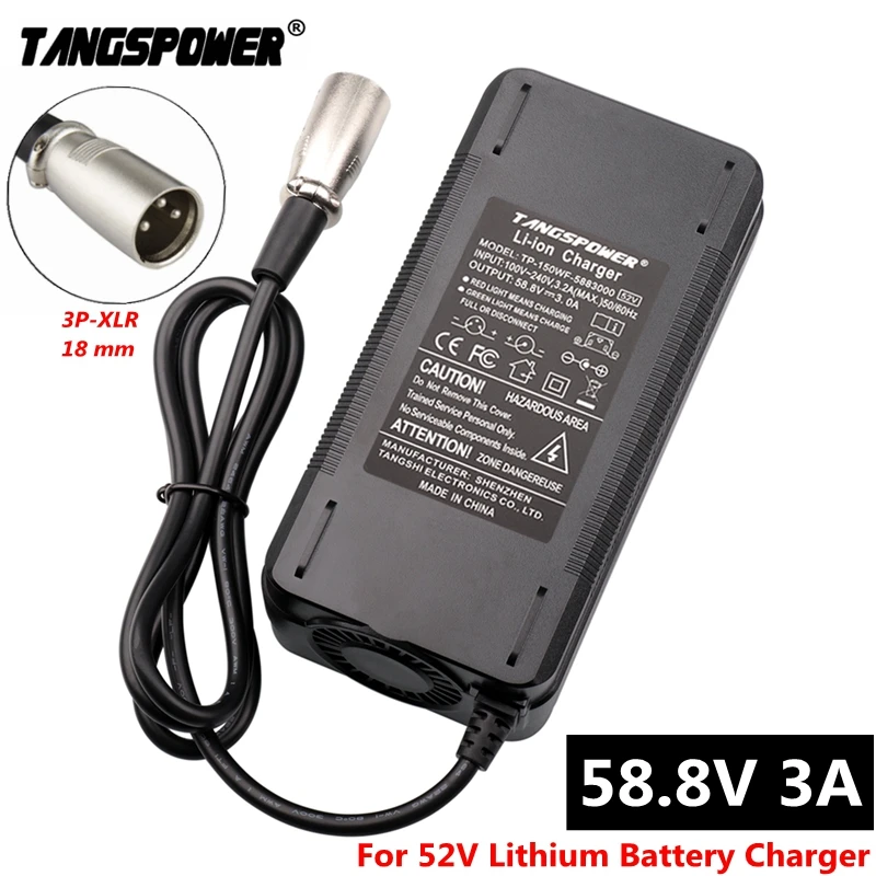 

58.8V 3A Lithium Battery Charger For 14Series 52V Li-ion Battery Pack 150Watts High Power Charger With 3-Pin XLR Connector