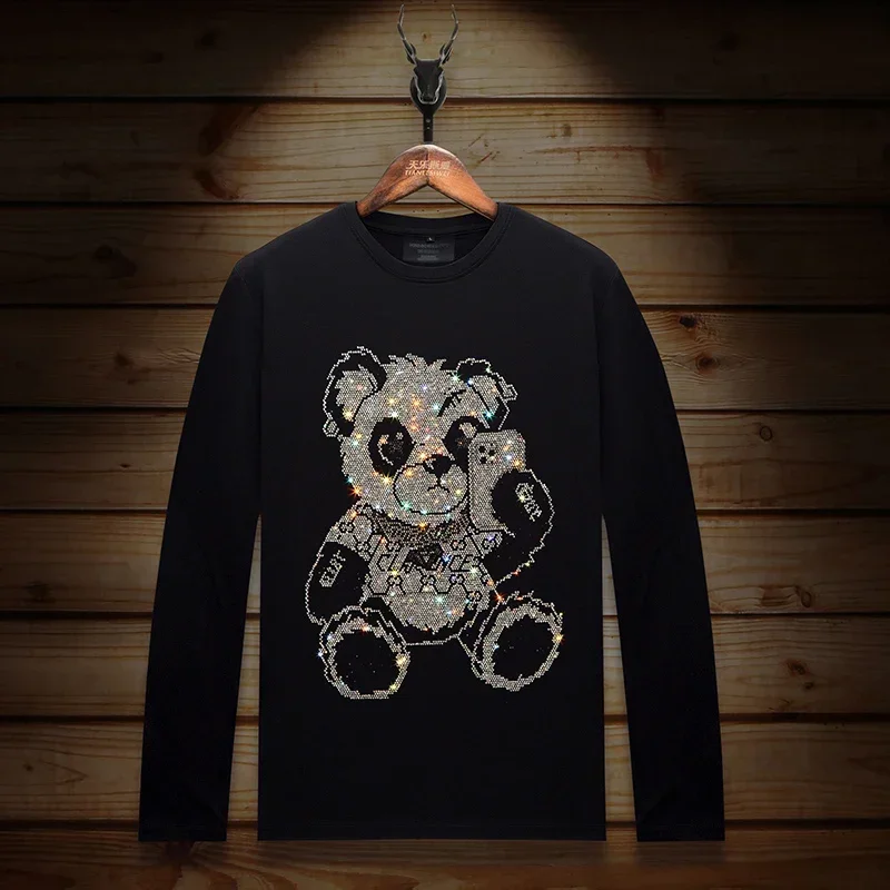 

2023 Bear Rhinestones Cartoon T Shirts Men High Quality Long Sleeve Fashion Streetwear O Neck Slim T-shirts Man Plus Size 6XL